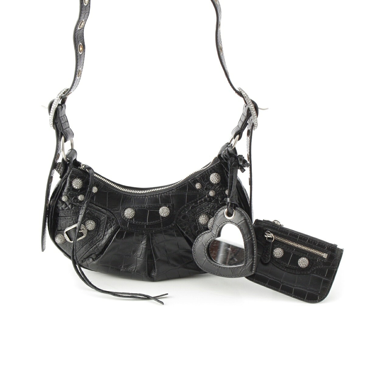 バレンシアガ BALENCIAGA ルカゴールXS レザー クロコ型押し ラインストーン ショルダーバッグ 671309 ブラック【中古】【正規品保証】