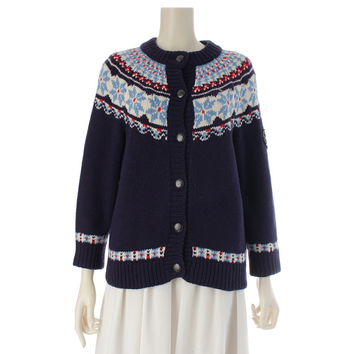 Rakuten - シャネル CHANEL 18AW ココネージュ COCO NEIGE ウール ニット ノルディック 総柄 カーディガン P59762K07806 ネイビー ホワイト MF168 38【中古】【正規品保証】
