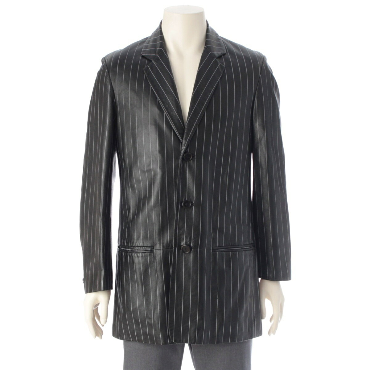 乐天商城 - ジャンニ・ヴェルサーチェ Gianni Versace 90s レザー ペイントストライプ ロングジャケット コート メドゥーサ裏地 ブラック ホワイト【中古】【正規品保証】