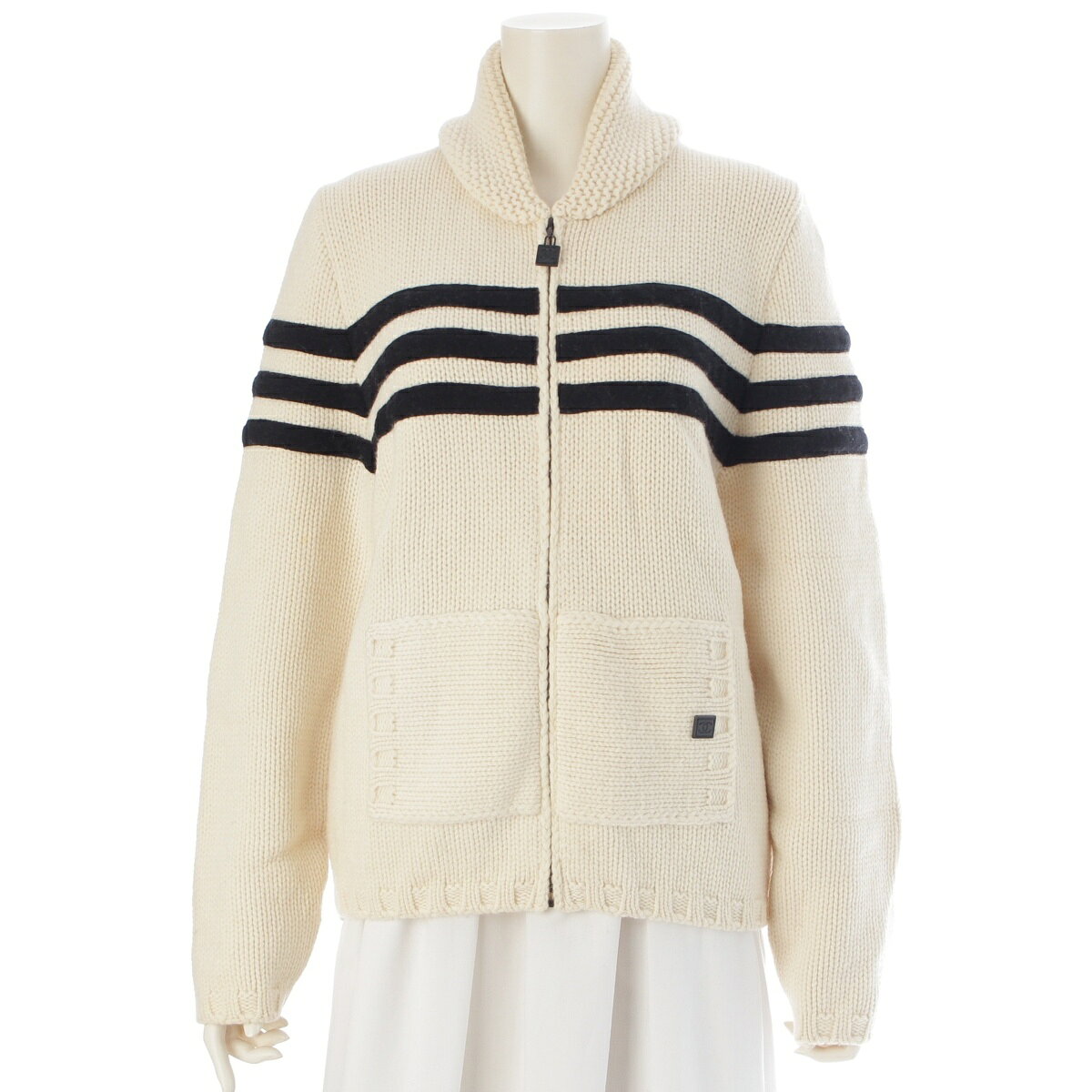 乐天商城 - シャネル CHANEL 06A ウール×カシミヤ スポーツ ボーダー ジップアップ ニット P29257 アイボリー 40【中古】【正規品保証】