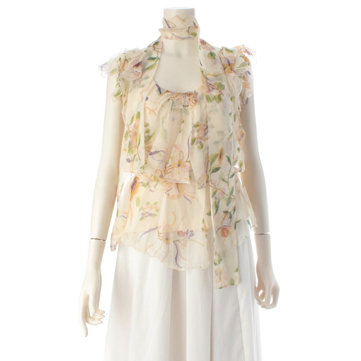 乐天商城 - ディオール Dior 06年 シルク フローラル プリント フリル ノースリーブ ブラウス 6P12055211 ベージュ 38【中古】【正規品保証】