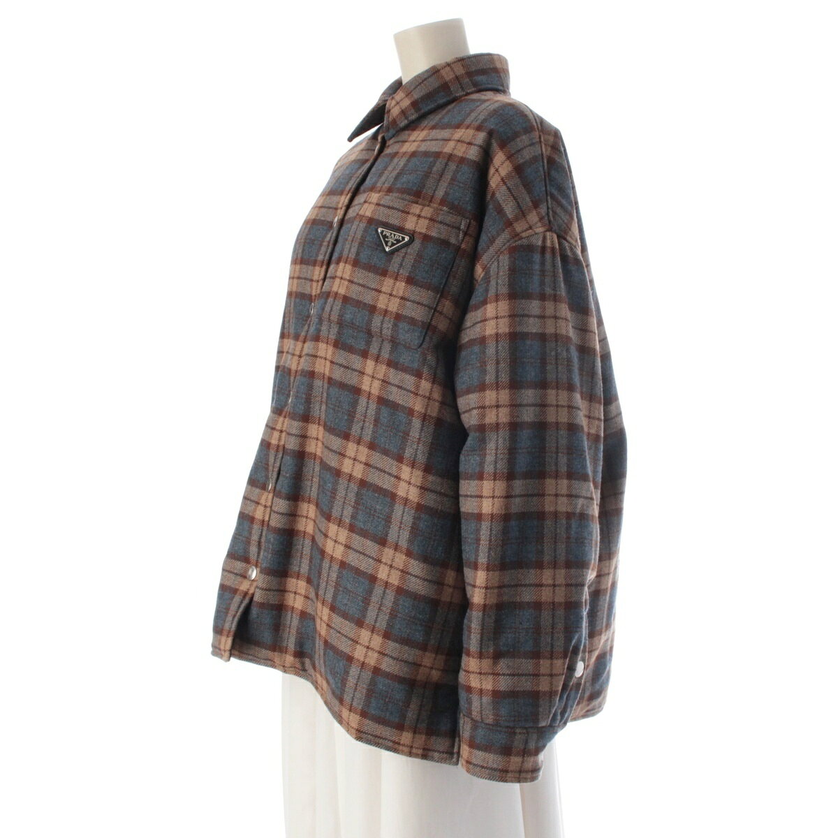 プラダ PRADA 24AW ウール トライアングルロゴ チェック パデッド ブルゾン アウター 29T060 ブラウン ブルー 42【中古】【正規品保証】