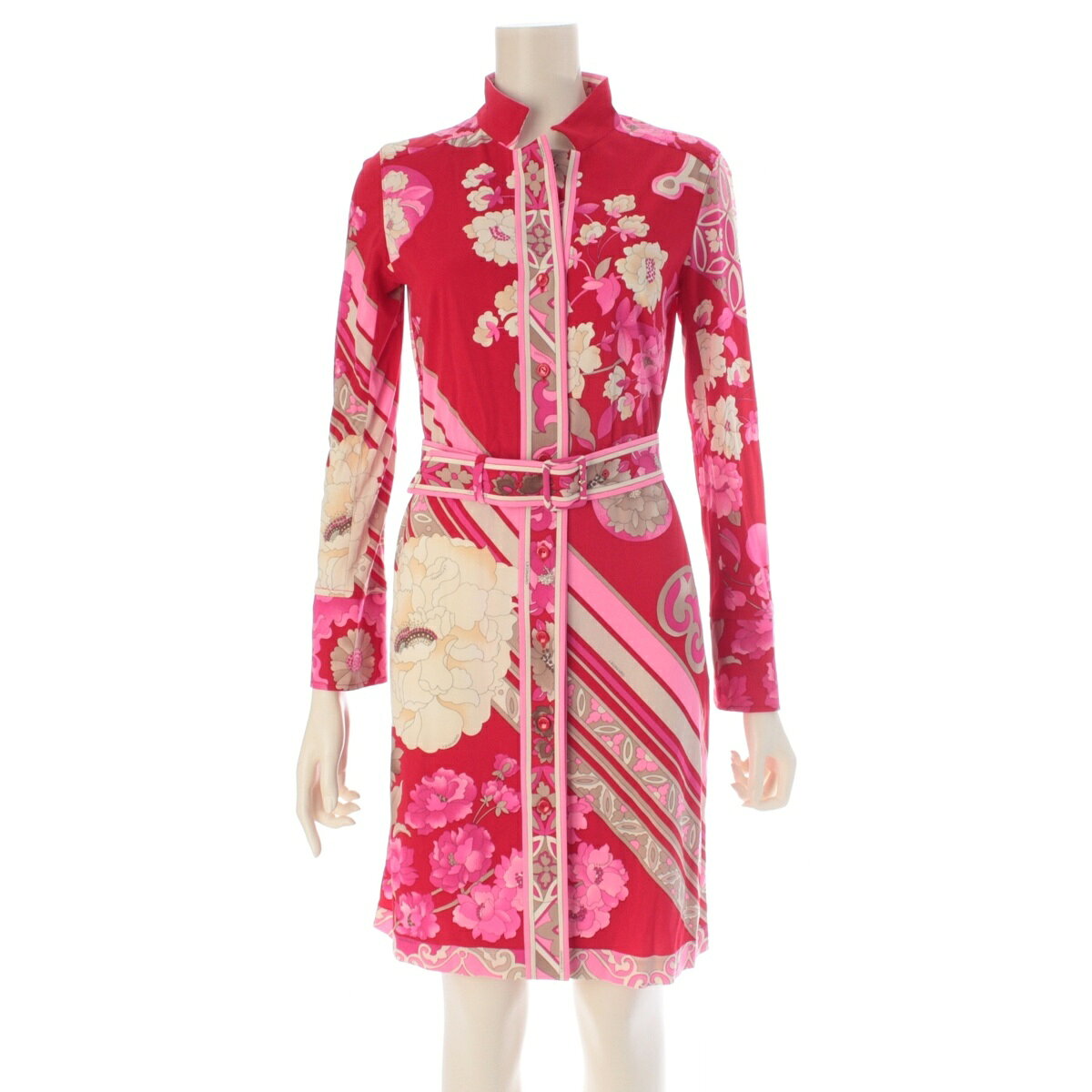 乐天商城 - レオナール LEONARD カンカン素材 花柄 長袖 ベルト付き ワンピース レッド 1【中古】【正規品保証】
