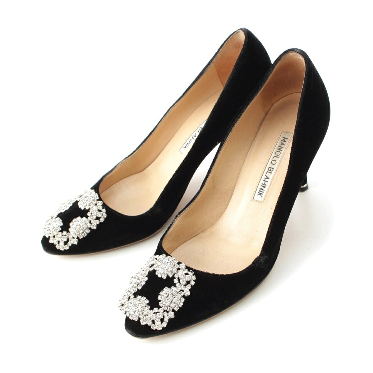 乐天商城 - マノロブラニク MANOLO BLAHNIK ベロア ハンギシ クリスタル ビジュー パンプス シューズ ブラック 36【中古】【正規品保証】