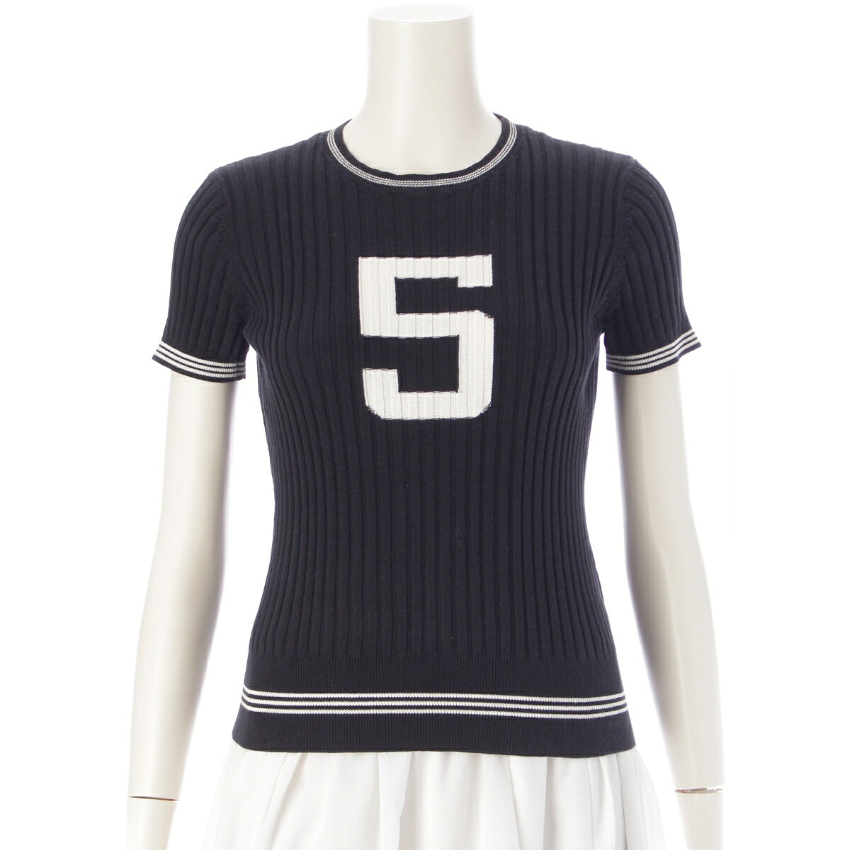 乐天商城 - シャネル CHANEL カシミヤ シルク No.5 ココマーク ニット セーター 半袖 トップス カットソー P60627 ブラック×ホワイト 36【中古】【正規品保証】