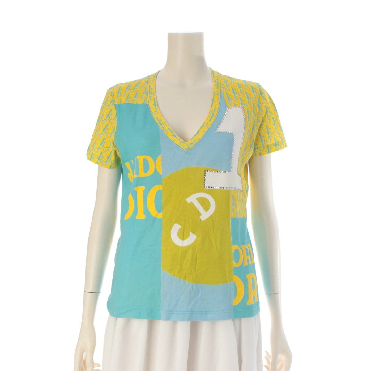 Rakuten - クリスチャンディオール Christian Dior ガリアーノ期 J'ADIOR トロッター ラインストーン ナンバリング Vネック 半袖Tシャツ トップス 5E16155950 イエロー ブルー 40【中古】【正規品保証】