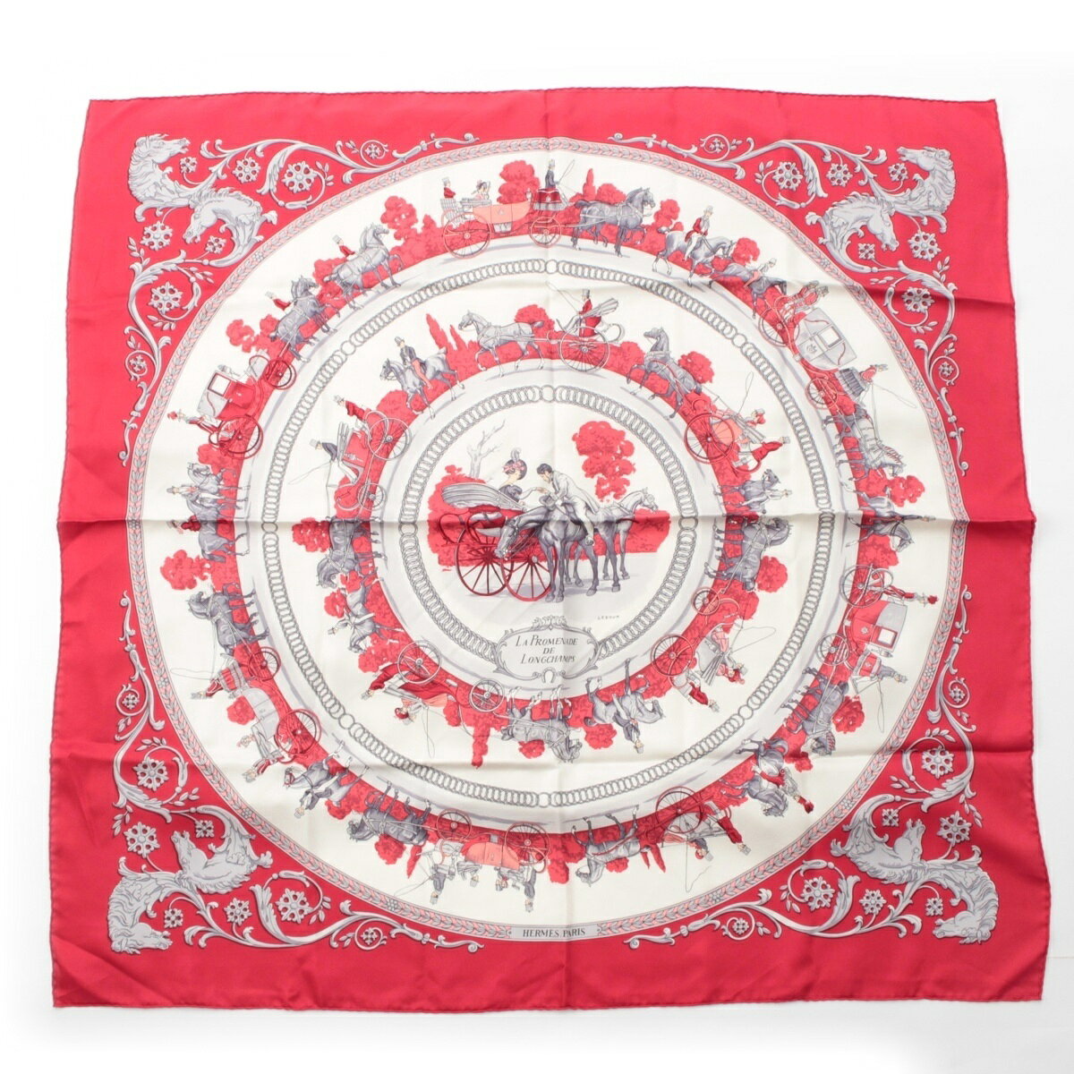 エルメス HERMES カレ90 シルク ロンシャンへの散歩 LA PROMENADE DE LONGCHAMPS ルロタージュ仕上げ スカーフ レッド ホワイト【中古】【正規品保証】