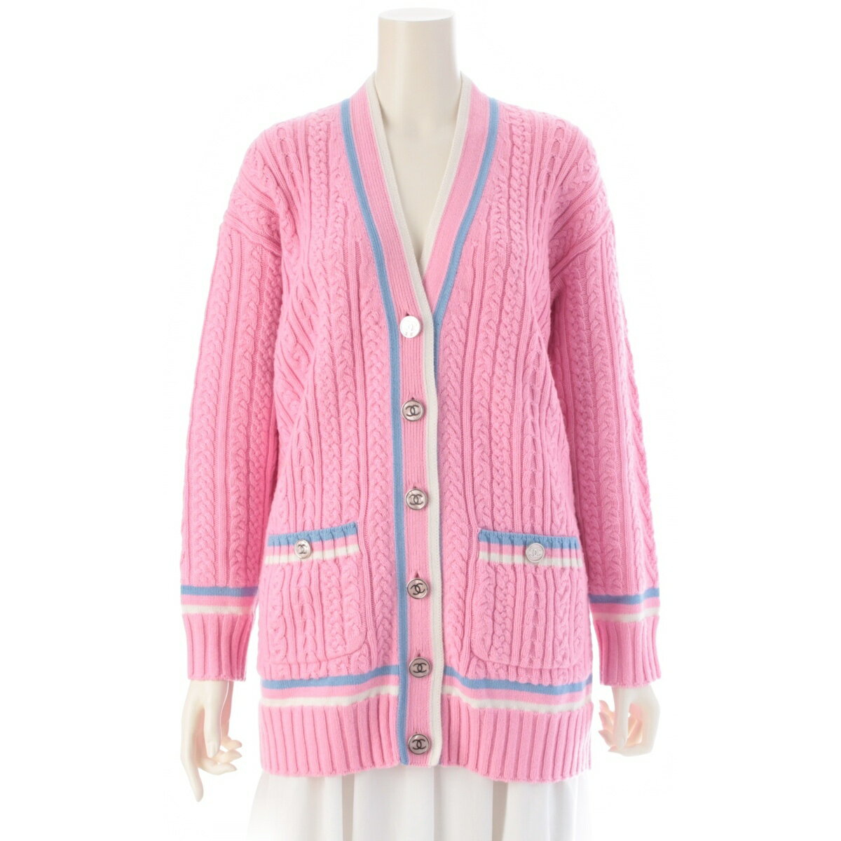乐天商城 - シャネル CHANEL カシミヤ コットン ココボタン ライン カーディガン P74626K10682 ピンク 34【中古】【正規品保証】