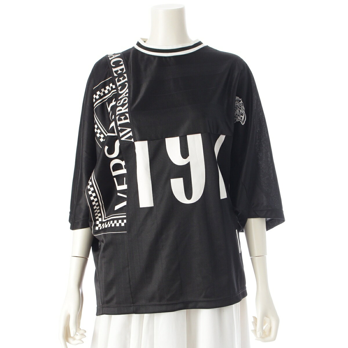 Rakuten - ヴェルサーチェ VERSACE ロゴ 切替 デザイン カットソー ブラック×ホワイト 40【中古】【正規品保証】