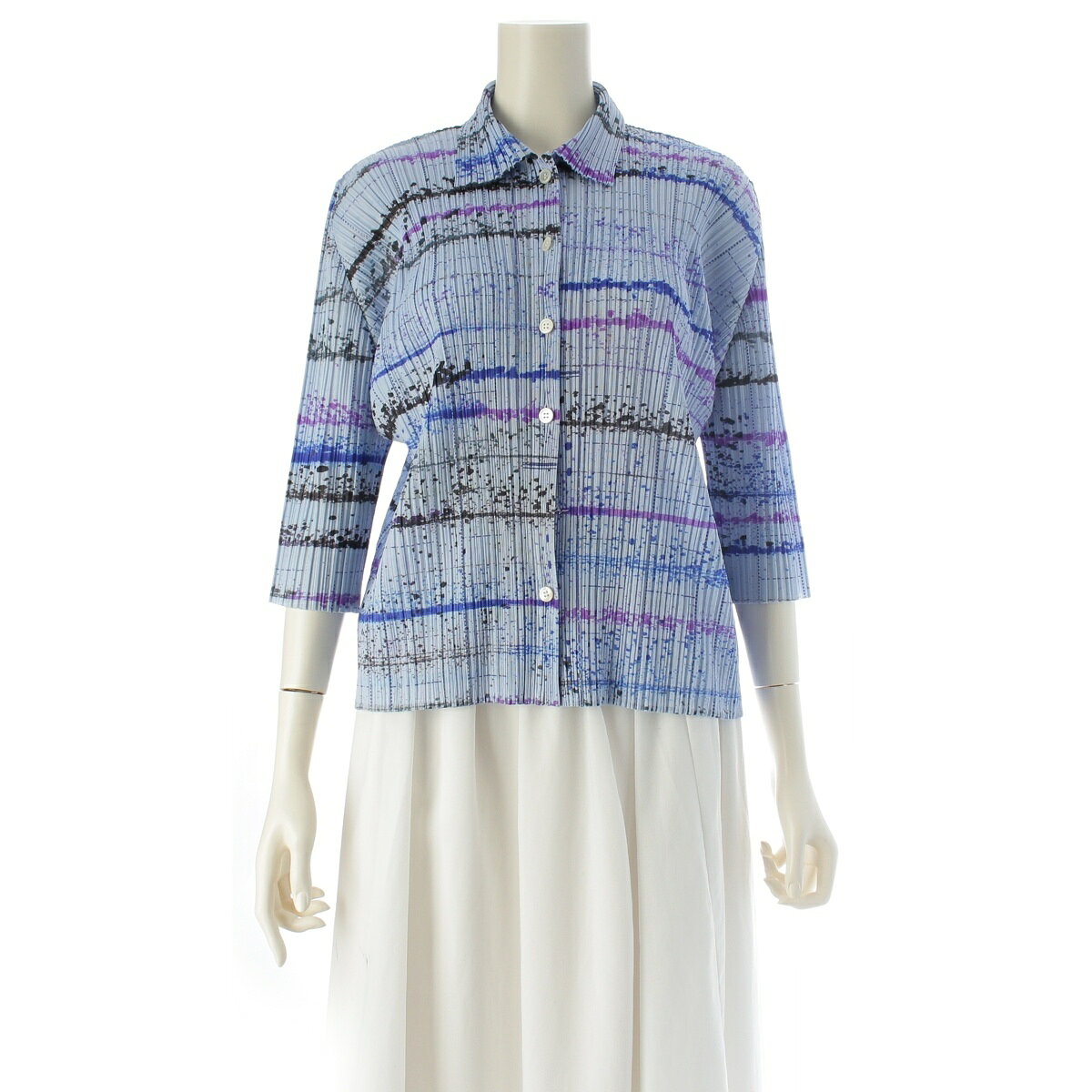 Rakuten - プリーツプリーズ イッセイミヤケ PLEATS PLEASE ISSEY ポリエステル ペイント 総柄 ロングスリーブシャツ ブラウス PP71-JJ602 ブルー系 3【中古】【正規品保証】