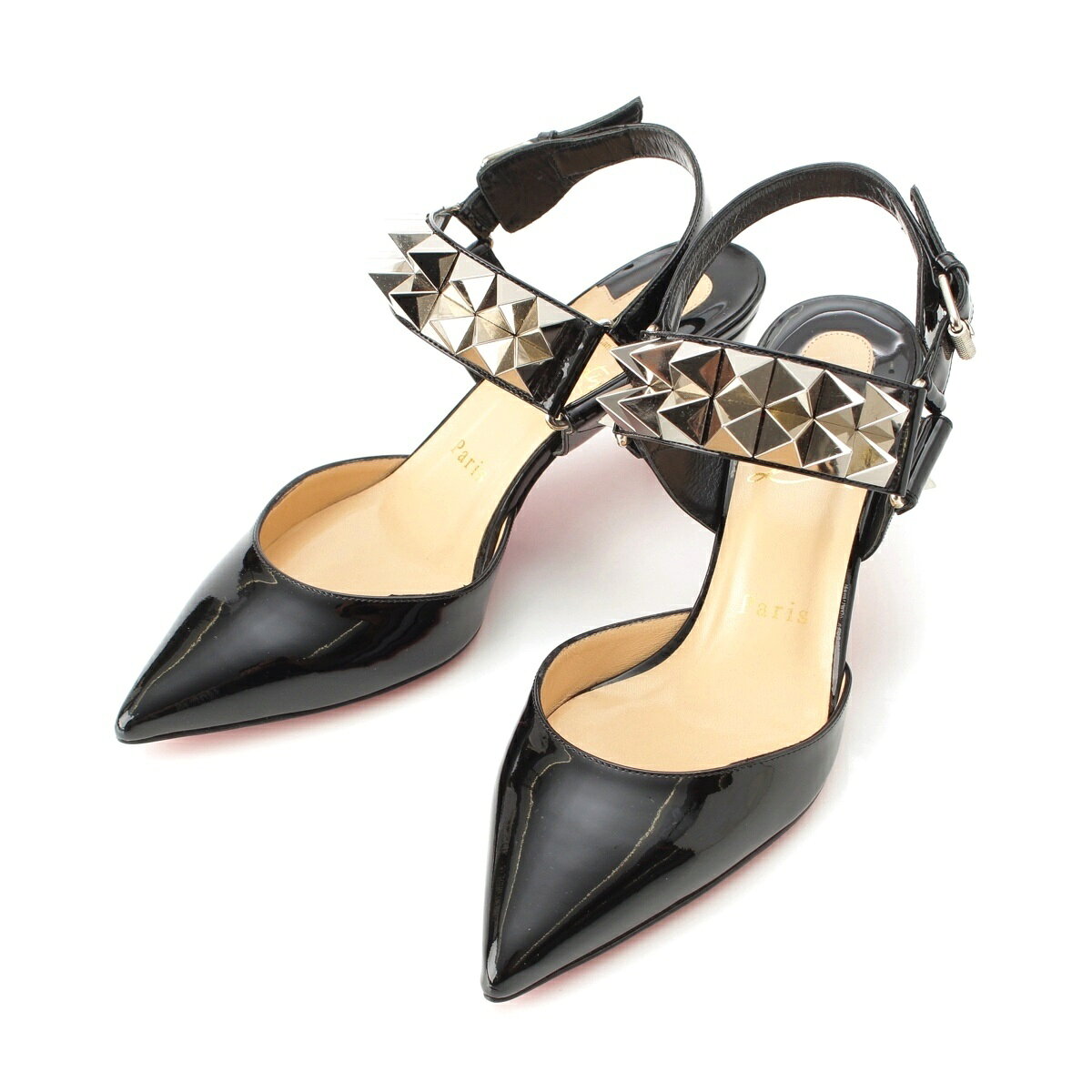 乐天商城 - クリスチャンルブタン Christian Louboutin スタッズ ポインティッドトゥ スリングバッグ サンダル ミュール ブラック シルバー 37【中古】【正規品保証】
