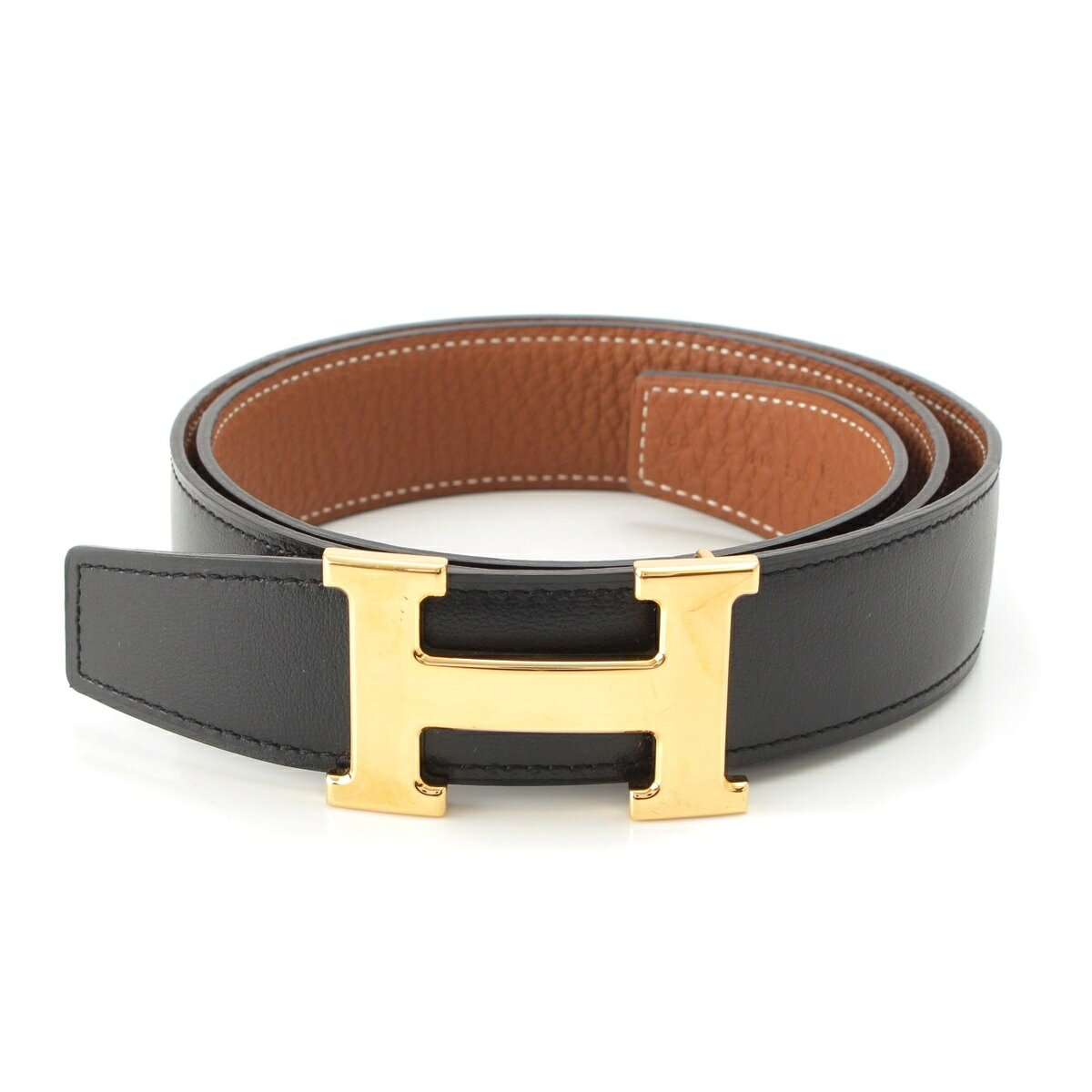 HERMES - エルメス HERMES C刻印 Hベルト リバーシブル ゴールド金具 ベルト ブラック ブラウン ゴールド 85【中古】【正規品保証】