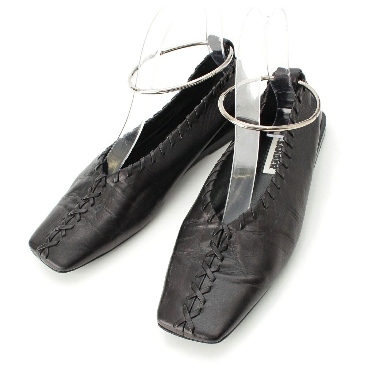 乐天商城 - ジルサンダー JIL SANDER レザー バレリーナ アンクルリング フラット シューズ ブラック 35 1/2【中古】【正規品保証】