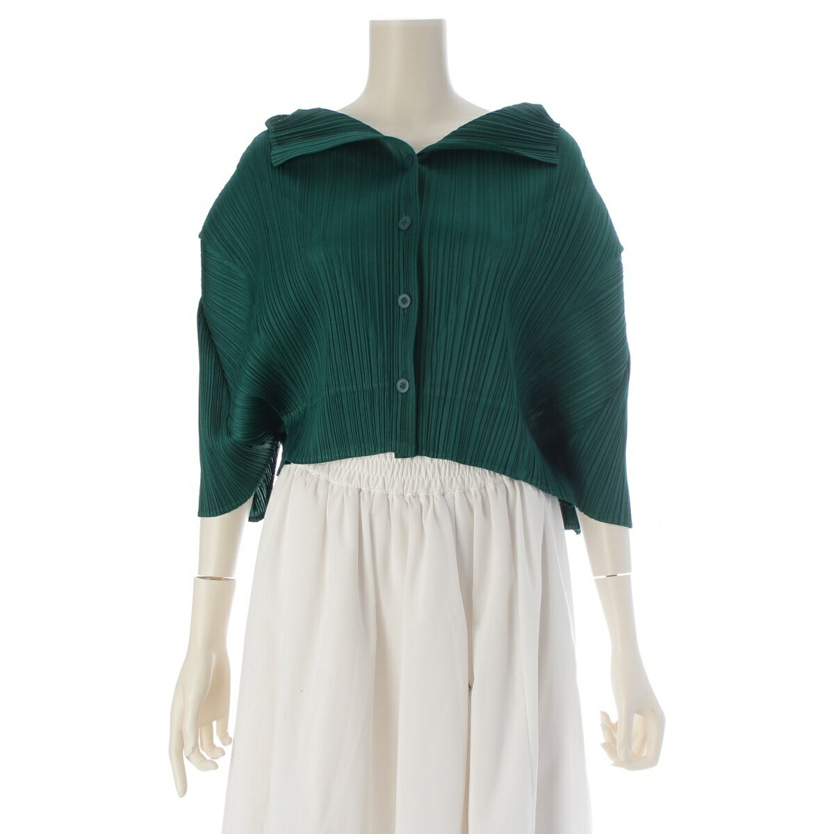Rakuten - プリーツプリーズ イッセイミヤケ PLEATS PLEASE ISSEY 七分袖 クロップド シャツ カーディガン PP01-JT536 グリーン L【中古】【正規品保証】