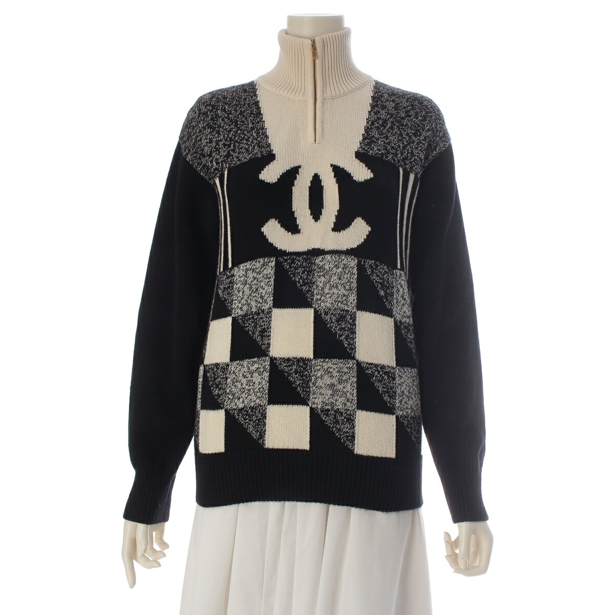 Rakuten - シャネル CHANEL カシミヤ ココマーク ハーフジップ 長袖 ニット P73216 ブラック×ホワイト 34【中古】【正規品保証】