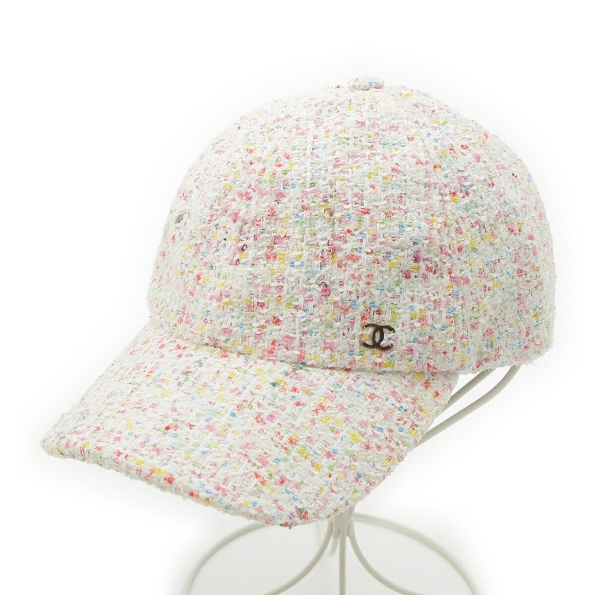 シャネル CHANEL 2025 CC ココマーク ツイード ベースボール キャップ 帽子 ホワイト マルチカラー【中古】【正規品保証】