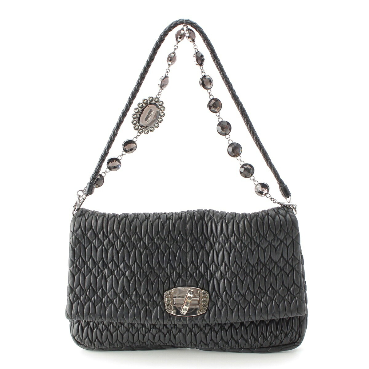 Rakuten - ミュウミュウ MIUMIU レザー ナッパクリスタル ロゴ チェーン ショルダーバッグ RP0169 ブラック【中古】【正規品保証】