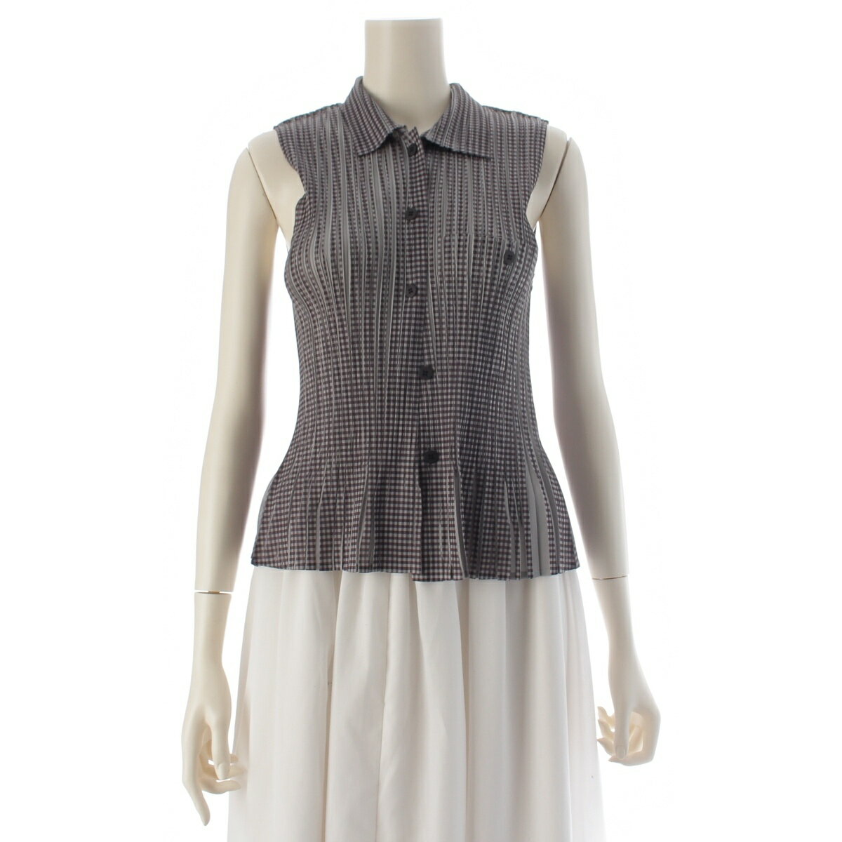 Rakuten - プリーツプリーズ イッセイミヤケ PLEATS PLEASE ISSEY ギンガムチェック 転写プリント ノースリーブ シャツ トップス PP22-JE851 グレー ブラック 4【中古】【正規品保証】