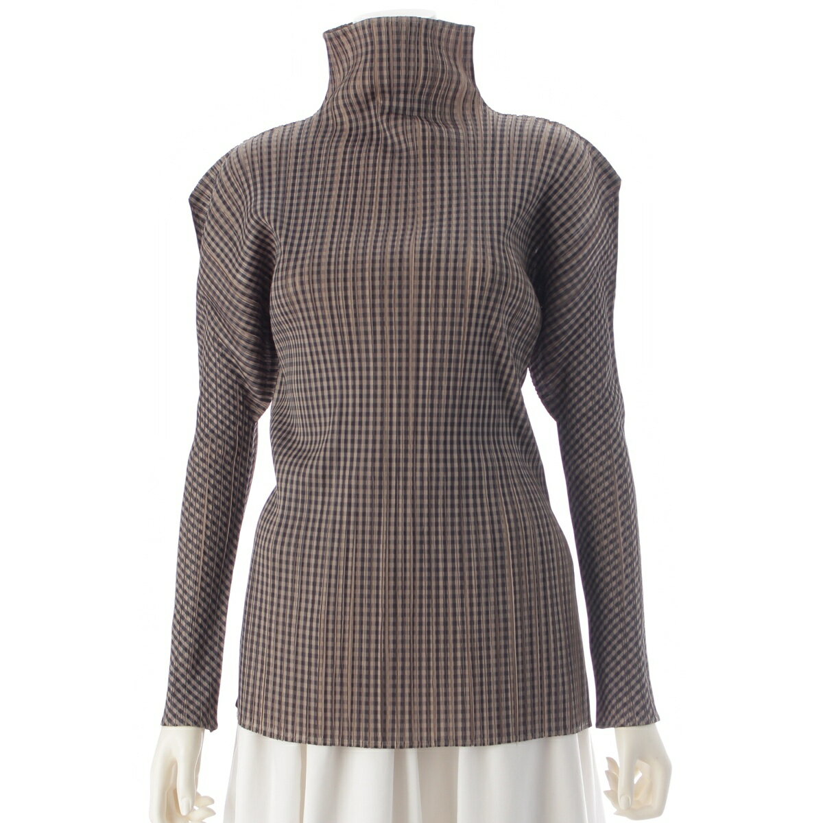 Rakuten - プリーツプリーズ イッセイミヤケ PLEATS PLEASE ISSEY 95AW 旧デザイン チェック柄 ボトルネック 長袖 カットソー トップス PP54-JK604 ベージュ ブラック 3【中古】【正規品保証】