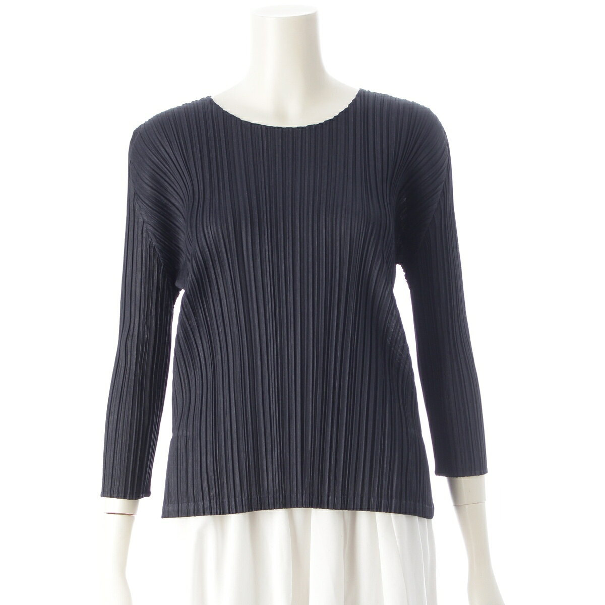 Rakuten - プリーツプリーズ イッセイミヤケ PLEATS PLEASE ISSEY 25年 ラウンドネック 五分丈 トップス PP51JK281 ネイビー 3【中古】【正規品保証】