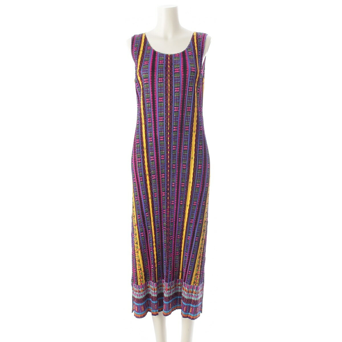 Rakuten - プリーツプリーズ イッセイミヤケ PLEATS PLEASE ISSEY ダシキ総柄 ノースリーブ ワンピース ドレス PP41-JH816 パープル系マルチカラー 3【中古】【正規品保証】