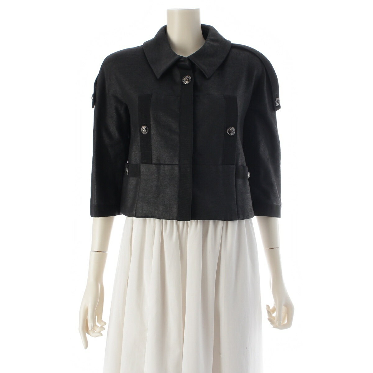 Rakuten - シャネル CHANEL COCO LINE コットン カシミヤ シルク クロップド テーラードジャケット トップス アウター P32241 ブラック 38【中古】【正規品保証】