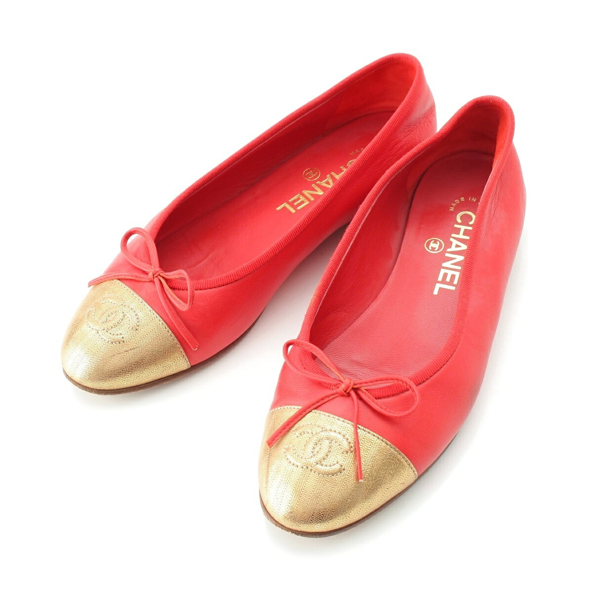Rakuten - シャネル CHANEL レザー ココマーク リボン フラット パンプス レッド×ゴールド 36 2/1【中古】【正規品保証】