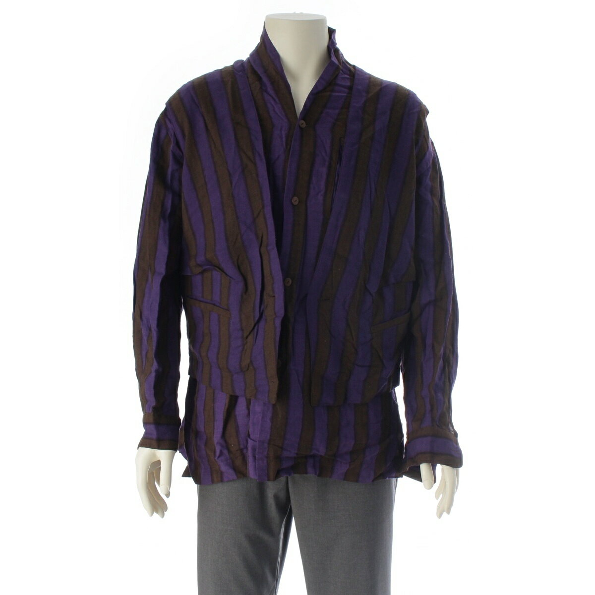 Rakuten - イッセイミヤケ ISSEY MIYAKE 80s 1986 ウール レーヨン 筆タグ グラデーション ストライプ シャツ ジレ セット アンサンブル パープル ブラウン M【中古】【正規品保証】