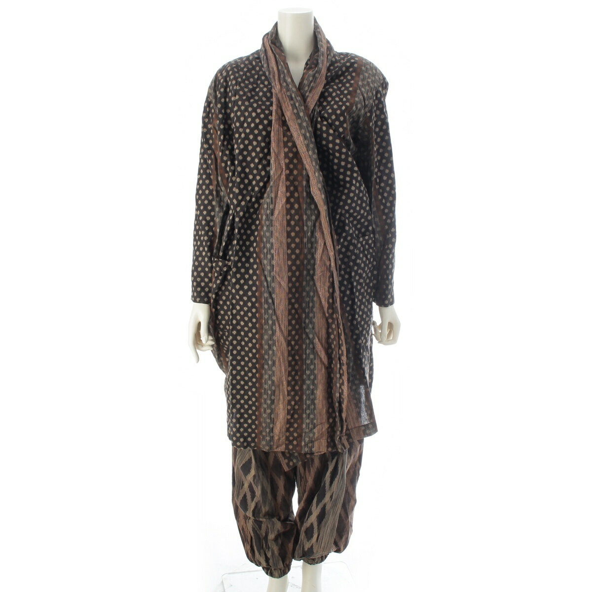 乐天商城 - イッセイミヤケ ISSEY MIYAKE 80s 筆タグ 1986 総柄 変型 絣 ショルダーパッド ドレープ スコート ドッキング パンツセットアップ ブラウン 9【中古】【正規品保証】