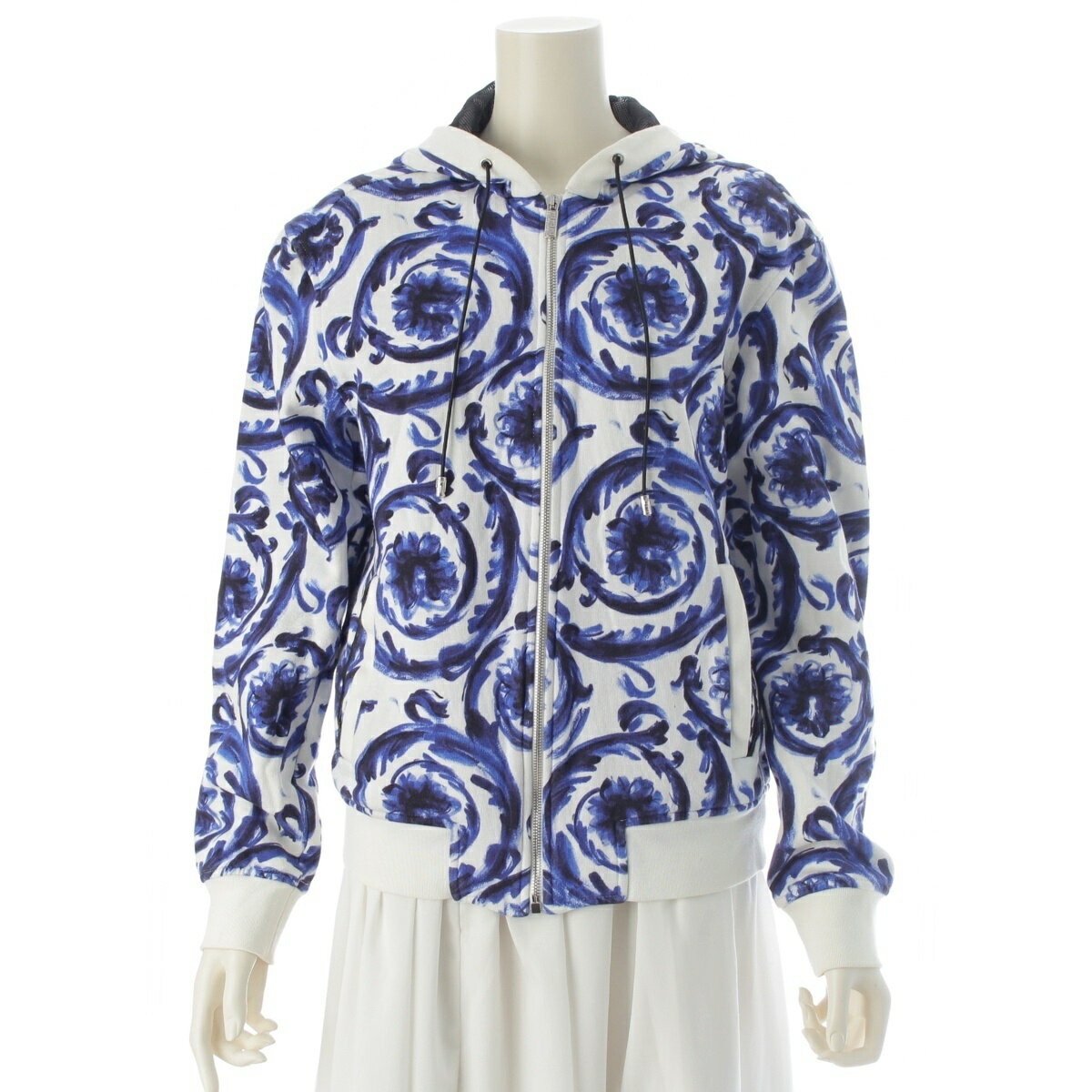 Rakuten - ヴェルサーチェ VERSACE コットン 花柄 総柄 ジップアップフーディー パーカー ホワイト ブルー XS【中古】【正規品保証】
