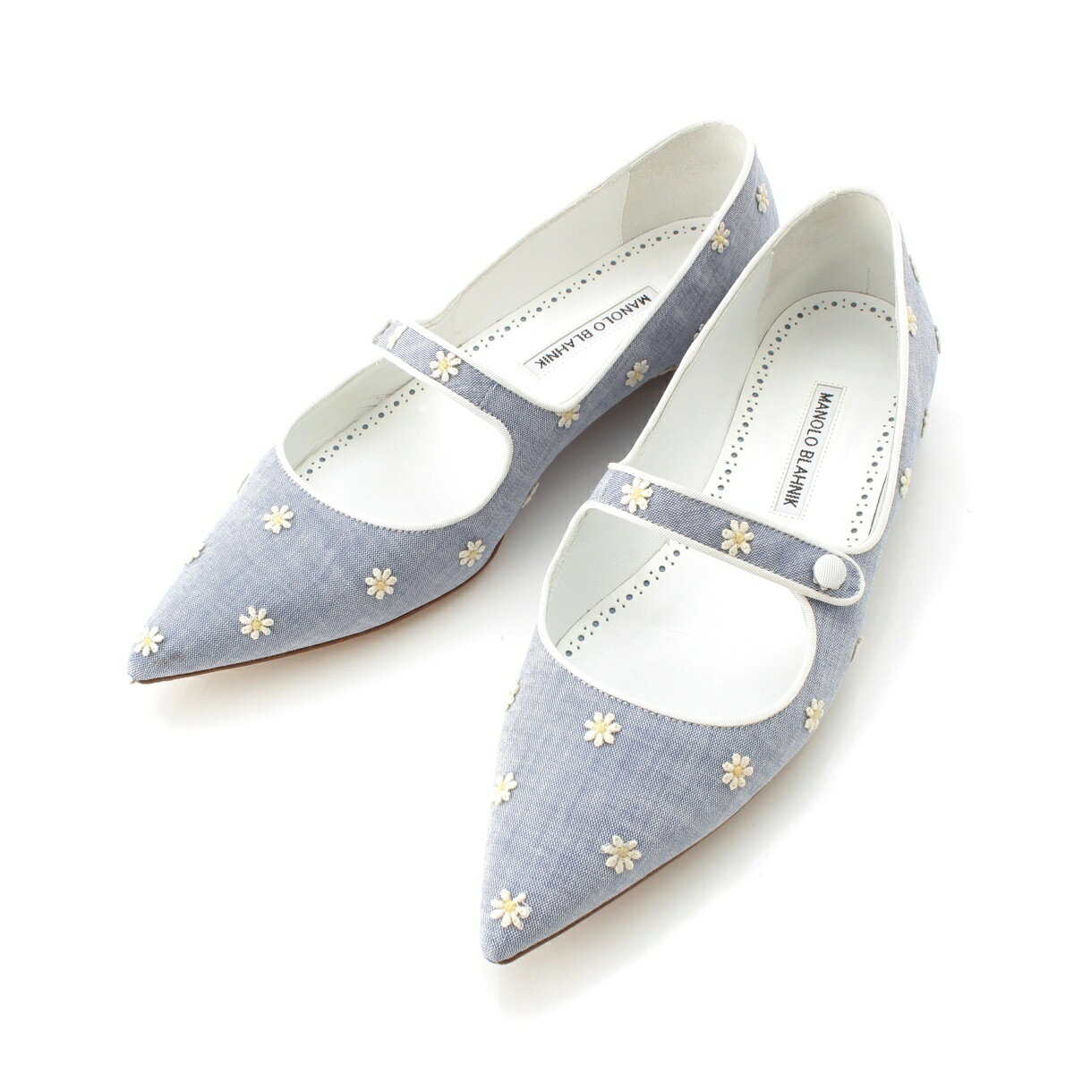 Rakuten - マノロブラニク MANOLO BLAHNIK カンパリ フラット CAMPALI FLAT フラワー エンブロイダリー メリージェーン シューズ ブルー 38 1/2【中古】【正規品保証】