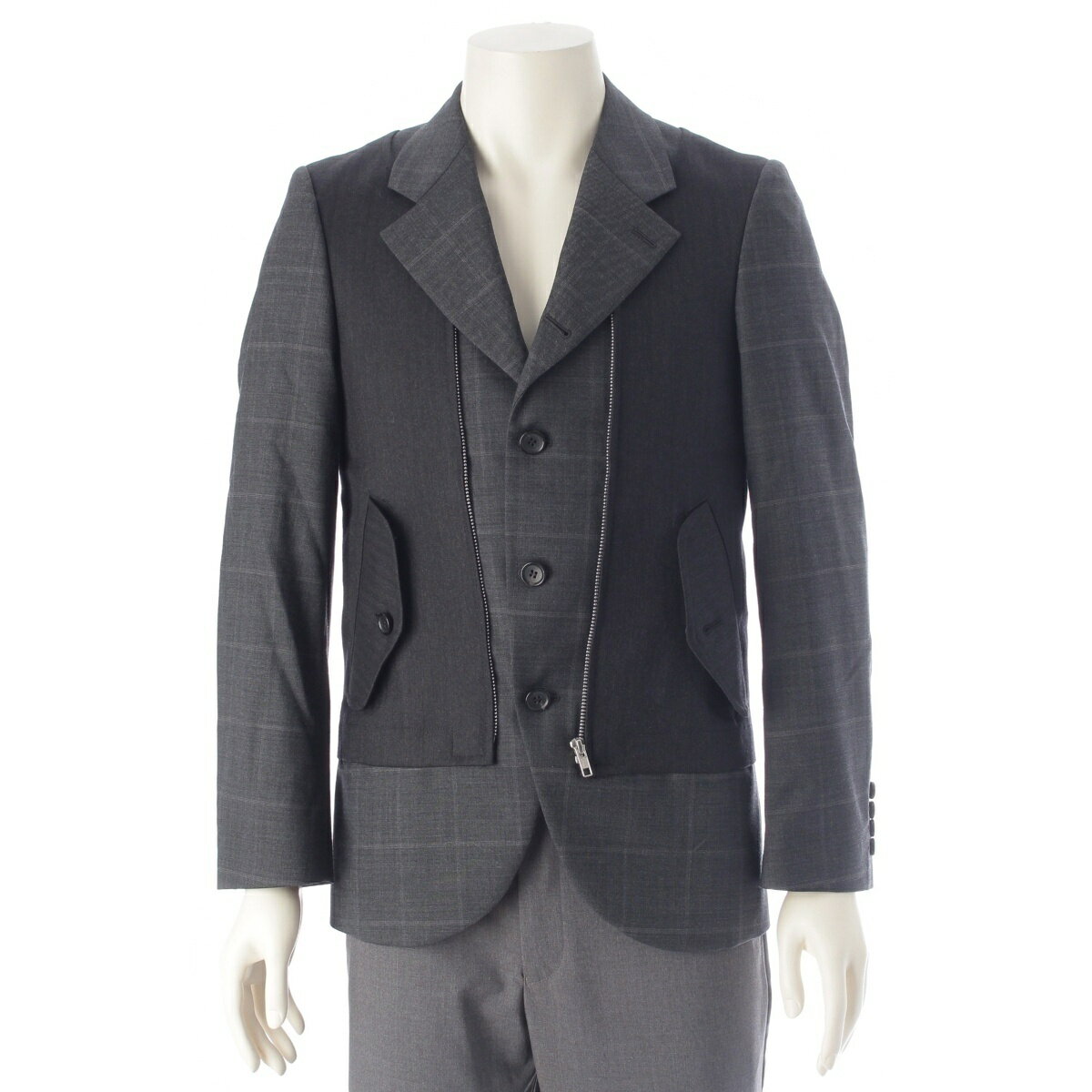 乐天商城 - コムデギャルソンオム COMME des GARCONS HOMME 25AW ドゥ ウール ドッキング フロントジップデザイン チェック柄 テーラードジャケット DP-J048 グレー XS【中古】【正規品保証】