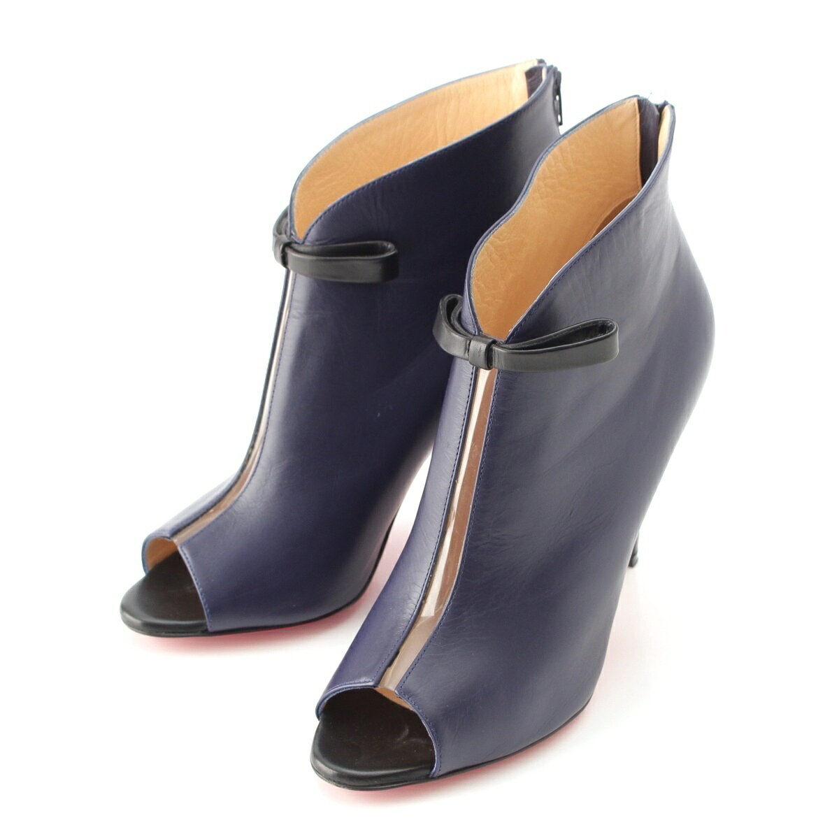 乐天商城 - クリスチャンルブタン Christian Louboutin レザー リボン オープントゥ ヒール ブーティ ネイビー 35 1/2【中古】【正規品保証】