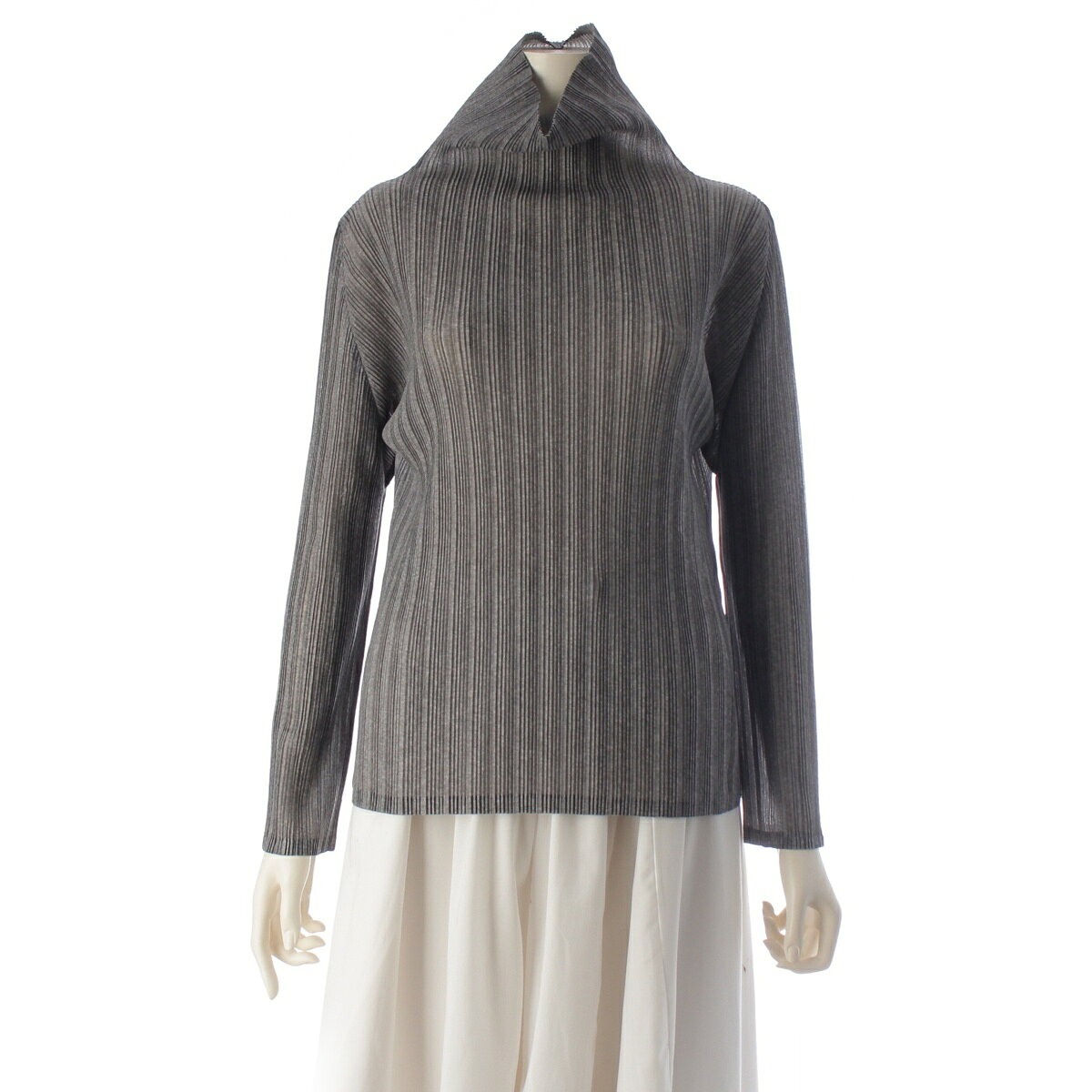 Rakuten - プリーツプリーズ イッセイミヤケ PLEATS PLEASE ISSEY ポリエステル RIB PLEATES BASICSリブプリーツ ハイネック トップス PP05FK114 グレー 3【中古】【正規品保証】