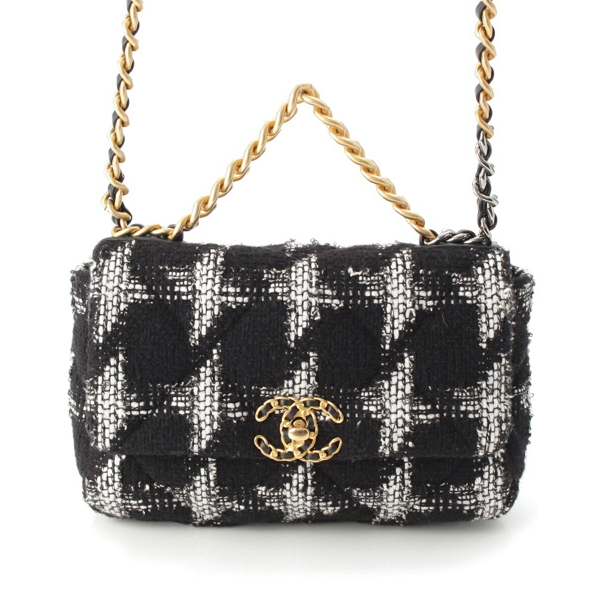 樂天商城 - シャネル CHANEL シャネル19 ディズヌフ ツイード チェーンショルダー ショルダーバッグ ホワイトxブラック ゴールド×シルバー金具【中古】【正規品保証】