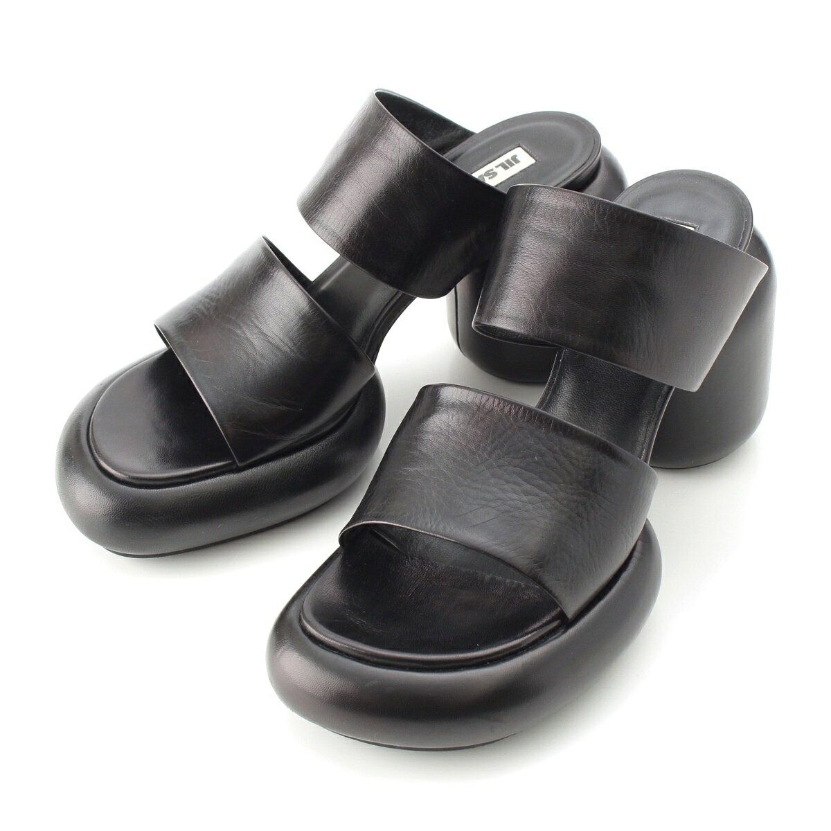 Rakuten - ジルサンダー JIL SANDER レザー ブロックヒール サンダル JS38005B ブラック 38【中古】【正規品保証】