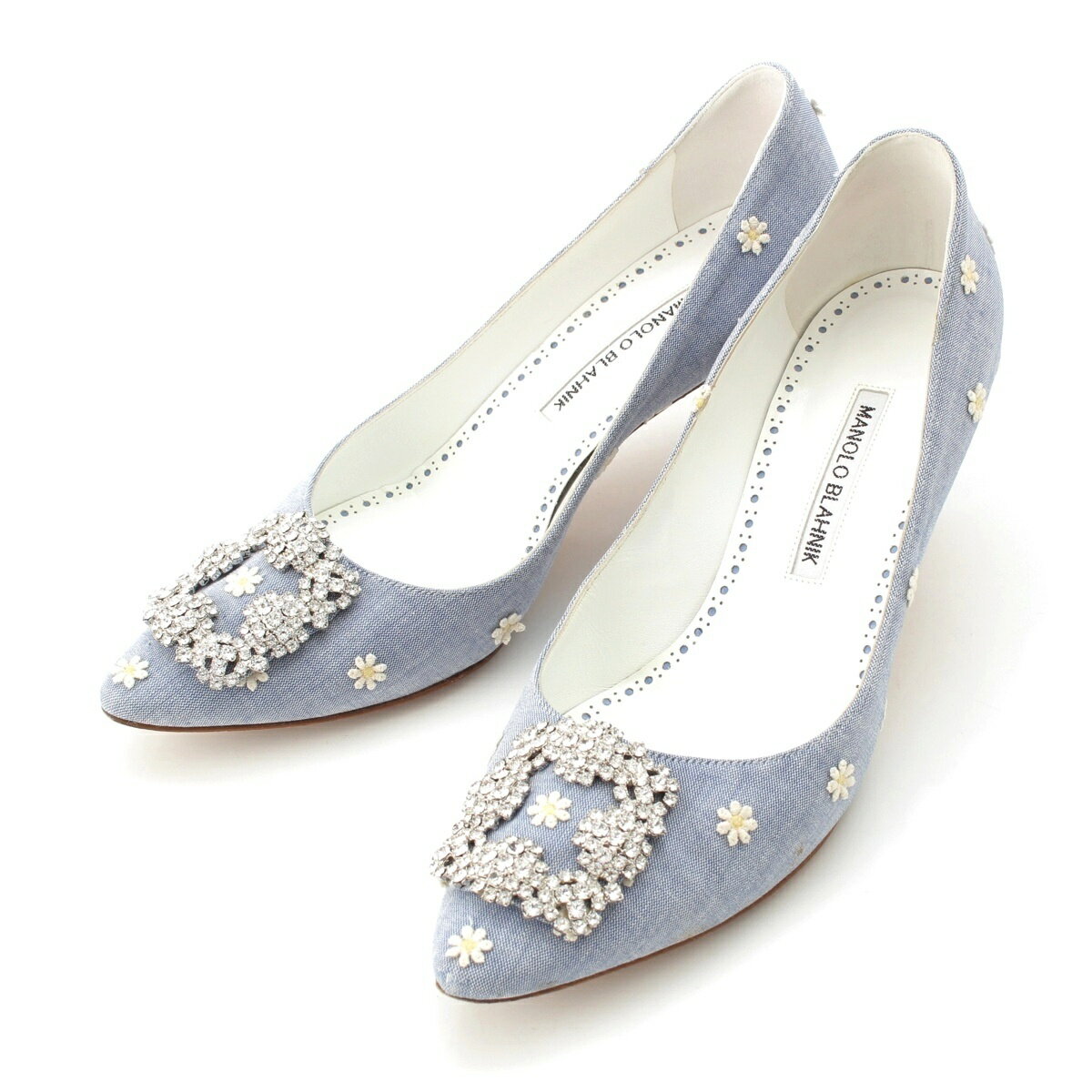 マノロブラニク MANOLO BLAHNIK 2024 ハンギシ HANGISI デイジー ビジュー バックル パンプス ヒール シューズ サックスブルー イエロー 38 1/2