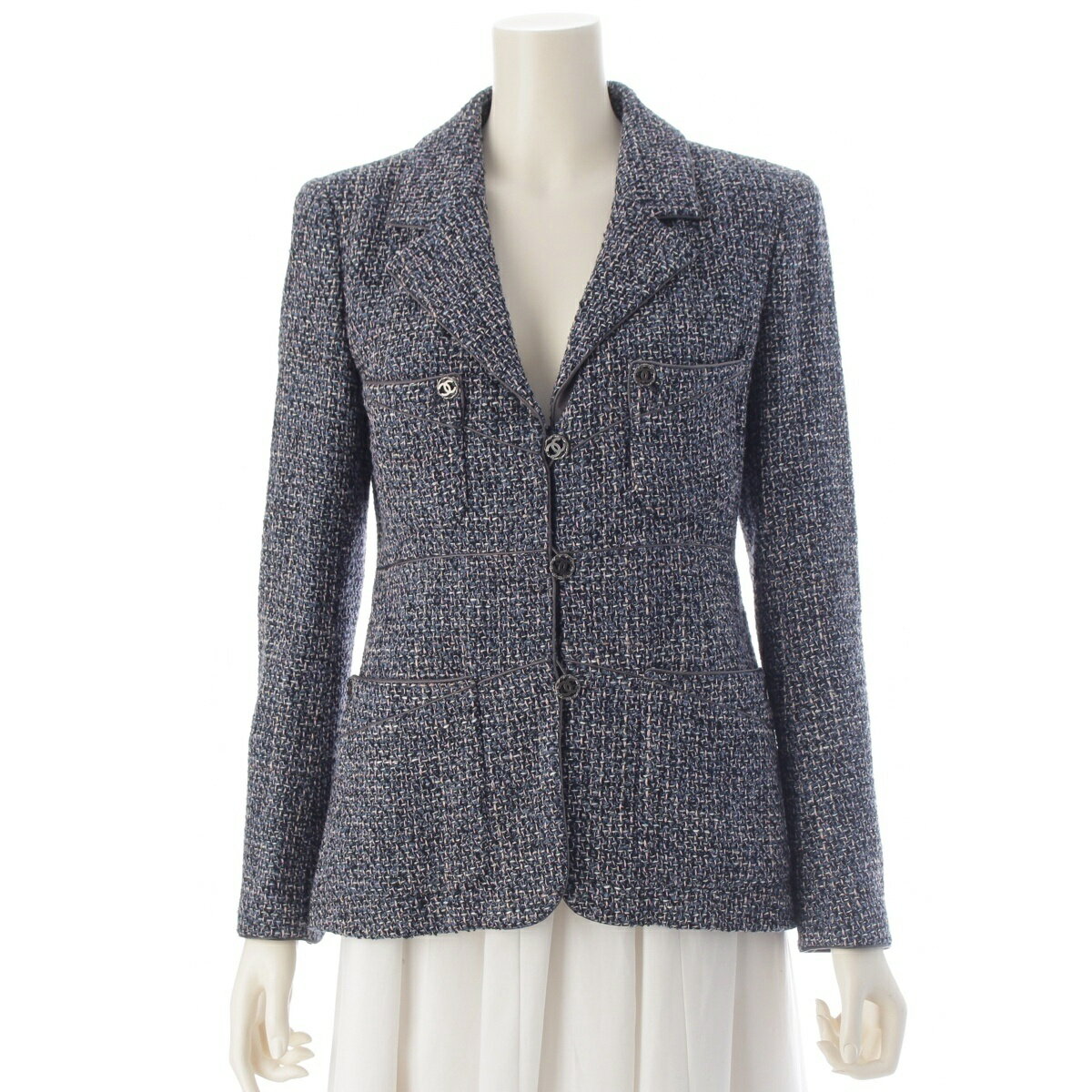 乐天商城 - シャネル CHANEL 03A ココマーク ツイード ジャケット P21534 ブルー×ピンク系 38【中古】【正規品保証】