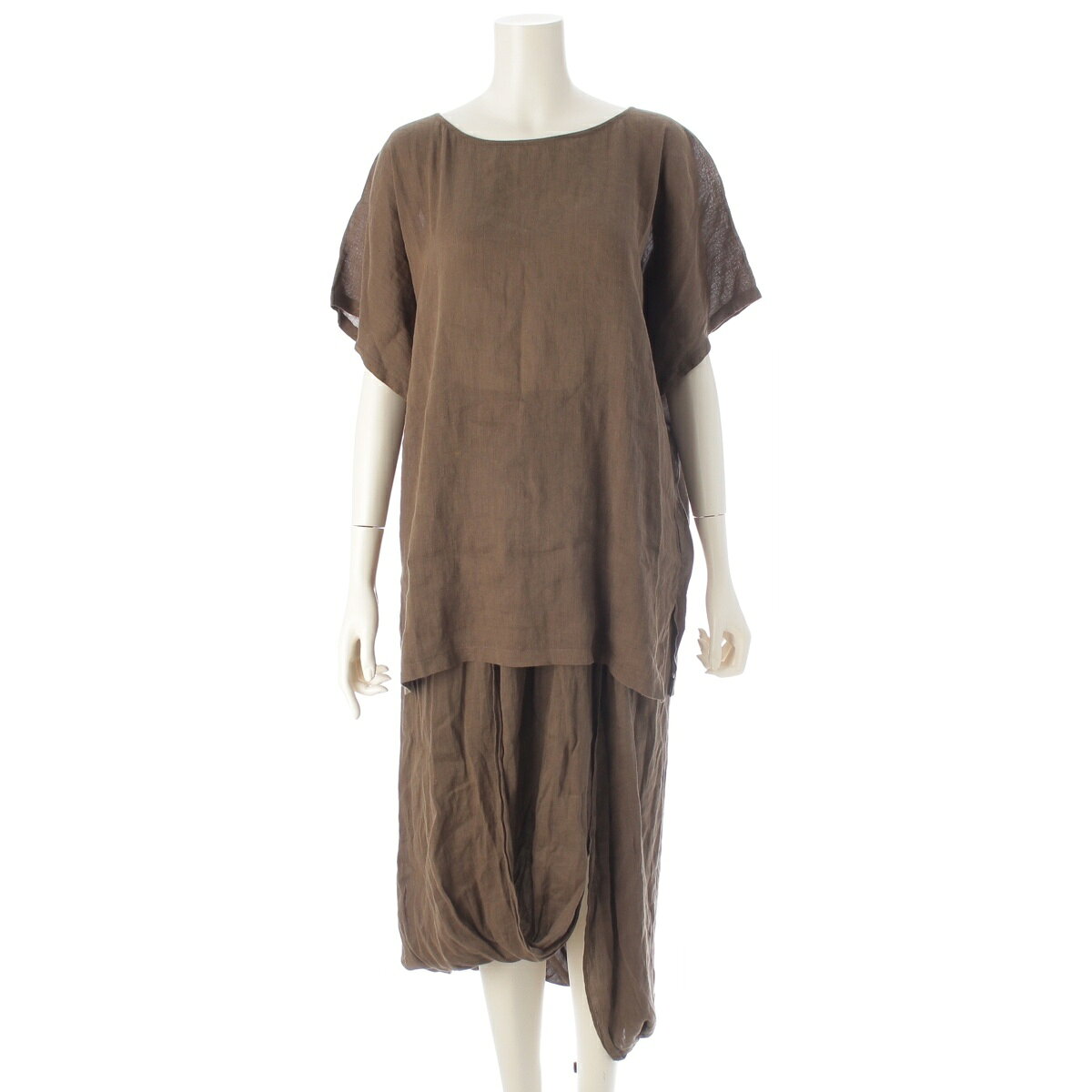 イッセイミヤケ ISSEY MIYAKE 80s ペルマネンテ リネン コットン スカートセットアップ トップス ボトムス VG11638 VG5121 カーキグリーン M【中古】【正規品保証】