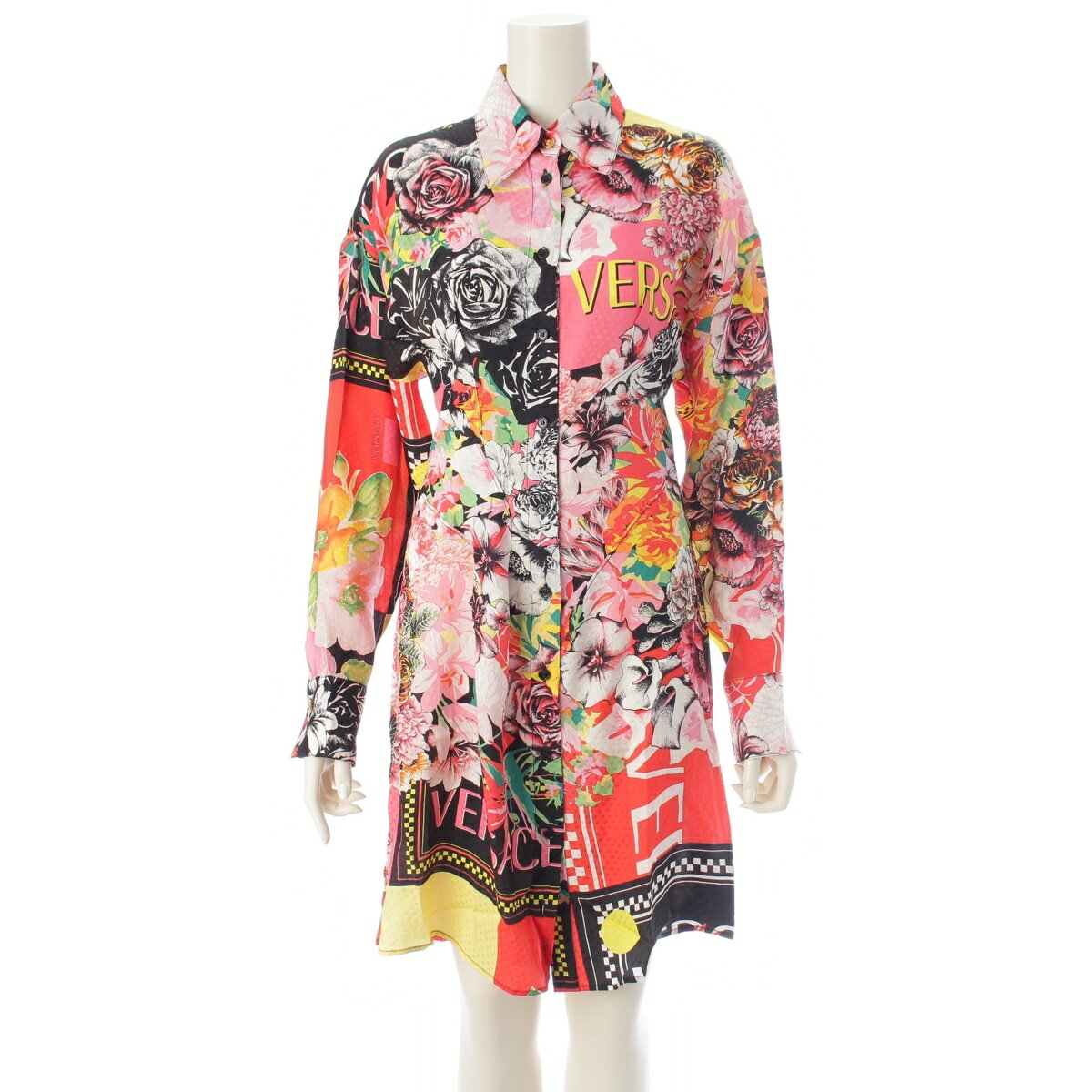 乐天商城 - ヴェルサーチェ VERSACE 18年 シルク ロゴ 花柄 シャツ ワンピース トップス A82669 ピンク 38【中古】【正規品保証】