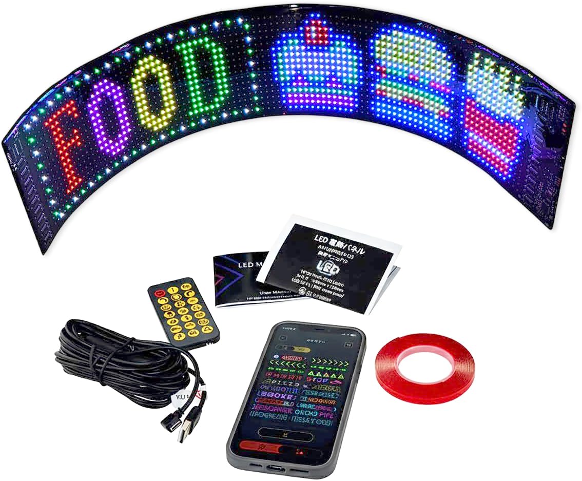 フレキシブルLEDメッセージパネル 595mm x 120mm 96 x 16個のLED実装 USB5V給電 Bluetoothスマホアプリで設定 中間スイッチ付4.5m長USBケーブル付属 IP65防水 リモコン付 曲面やガラスにも貼れる 29モード 多言語表示 動画 文字 画像 音楽リズム表示可能 AH-LMP6012-U5