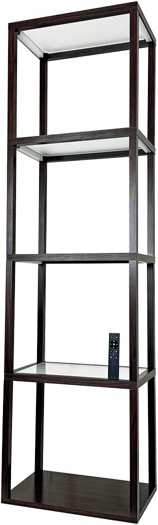木製フレーム 5段展示カラーボックス ガラス製棚板 LEDライト内蔵 リモコン付き 木目ダークブラウン ラ..