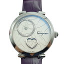 フェラガモ Salvatore Ferragamo 時計 ハート 女性的 クオーツ 丸 白文字盤 アナログ シンプル シック 華やか 高級感 おしゃれ カジュアル かわいい ホワイト シルバー パープル SS レザー FE2130016 レディース 【中古 AB品】送料無料