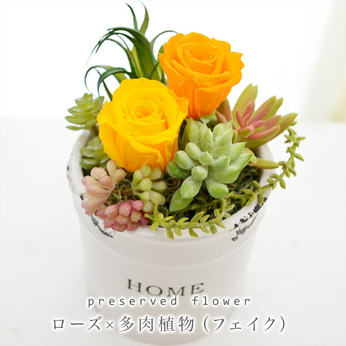 送料無料【ギフト】プリザーブドフラワー ローズ×多肉植物（フェイク）　[Yellow-G Plants] (寄せ植え)　誕生日　多肉　観葉　グリーン【あす楽】【即日出荷】【夏 ギフト】【プリザードフラワー ブリザードフラワー】 卒業 退職祝い【 花 ギフト 母の日