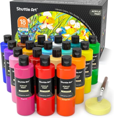 Shuttle Art アクリル絵の具 18色 250ml 大容量 絵の具セット ナイフ スポンジ付き 無毒 速乾 耐水 耐久 伸びがいい 鮮やか ボトル キャンバス/石/木材/セラミック/壁に描ける キラキラ絵の具 画材 美術用品 イラスト 大人の塗り絵