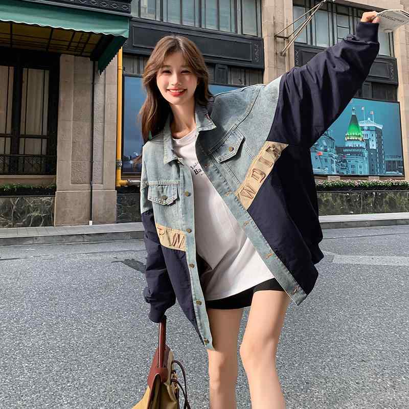 Other - デニムジャケット レディース ゆったり ショート丈 配色 切り替え ワークテイスト カーキ色 紺色 アウター