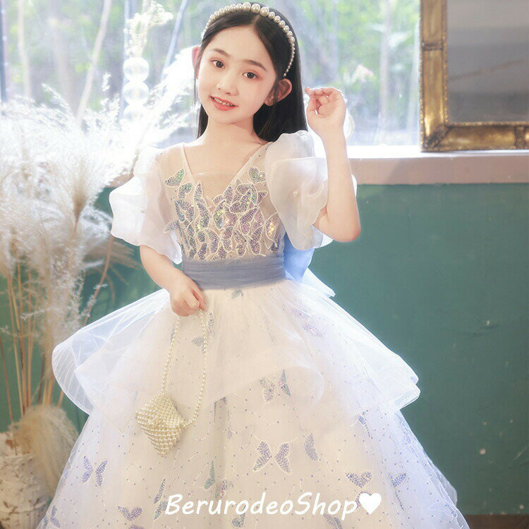 Rakuten - 子供ドレス 蝶柄 ロングドレス ピアノ発表会 ドレス 可愛い 女児ドレス スパンコール キレイめ 演奏会ドレス 女の子ドレス パフスリーブ キッズドレス 1 100 ステージドレス 演出服