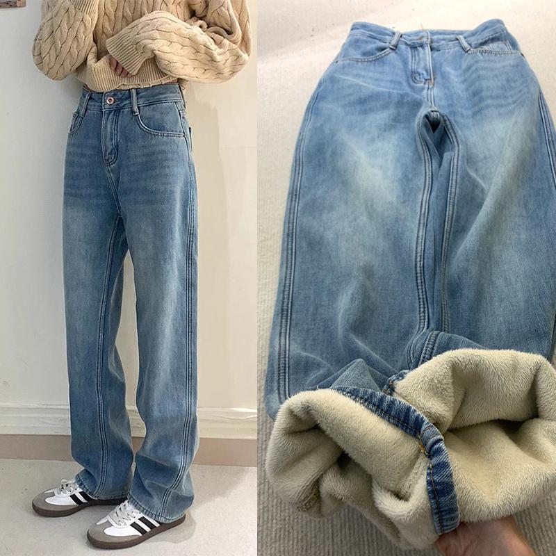 Rakuten - ジーンズ レディース 冬パンツ ボトムズ デニムパンツ ストレートパンツ 裏起毛 裏フリース あったか仕様 ルーズストレートレッグジーンズ 保温 防寒