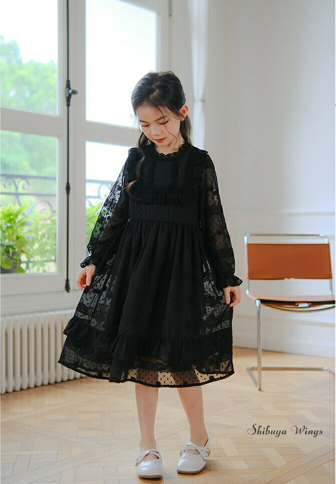 ワンピース 長袖 長袖ワンピース シフォン レトロ 女の子 キッズ 子供服 春 秋 子...
