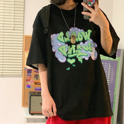 Rakuten - 全2色 Tシャツ カットソー 五分 七分 半袖 プリント 切り替え バイカラー 配色 体型カバー 落書き 大きいサイズあり 原宿系ファッション 韓国風 ダンス 衣装 HIPHO ヒップホップ ダンサー